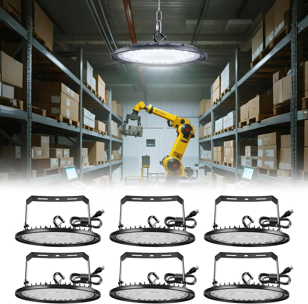 6 Pack Ultra-Thin UFO LED High Bay Light - High Heat Dissipation, 150W 25500LM 5000K Daylight, IP65 Waterproof, Plug & Play with 5ft Cord & U Bracket - LED Shop Lights for Warehouse, Workshop