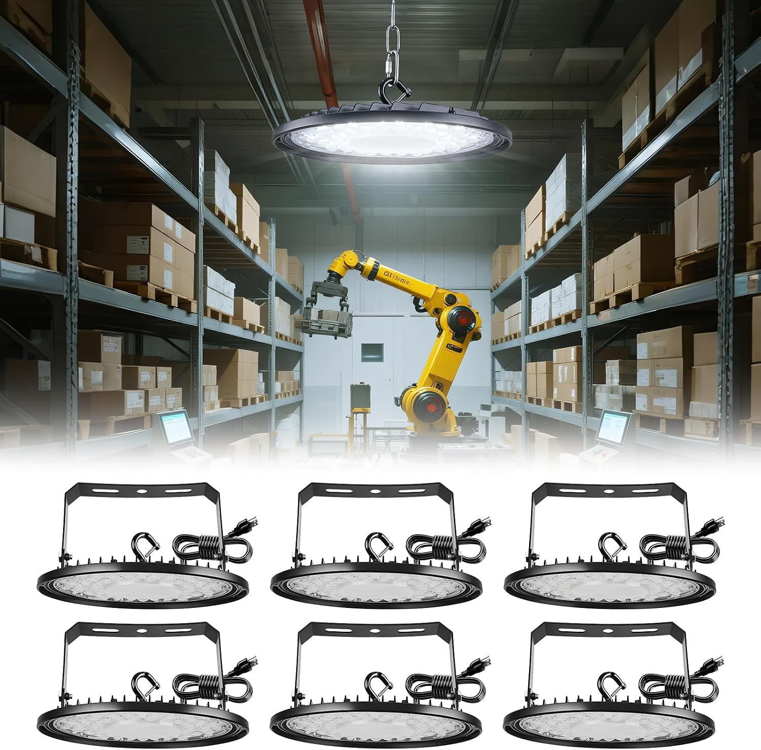 6 Pack Ultra-Thin UFO LED High Bay Light - High Heat Dissipation, 150W 25500LM 5000K Daylight, IP65 Waterproof, Plug & Play with 5ft Cord & U Bracket - LED Shop Lights for Warehouse, Workshop