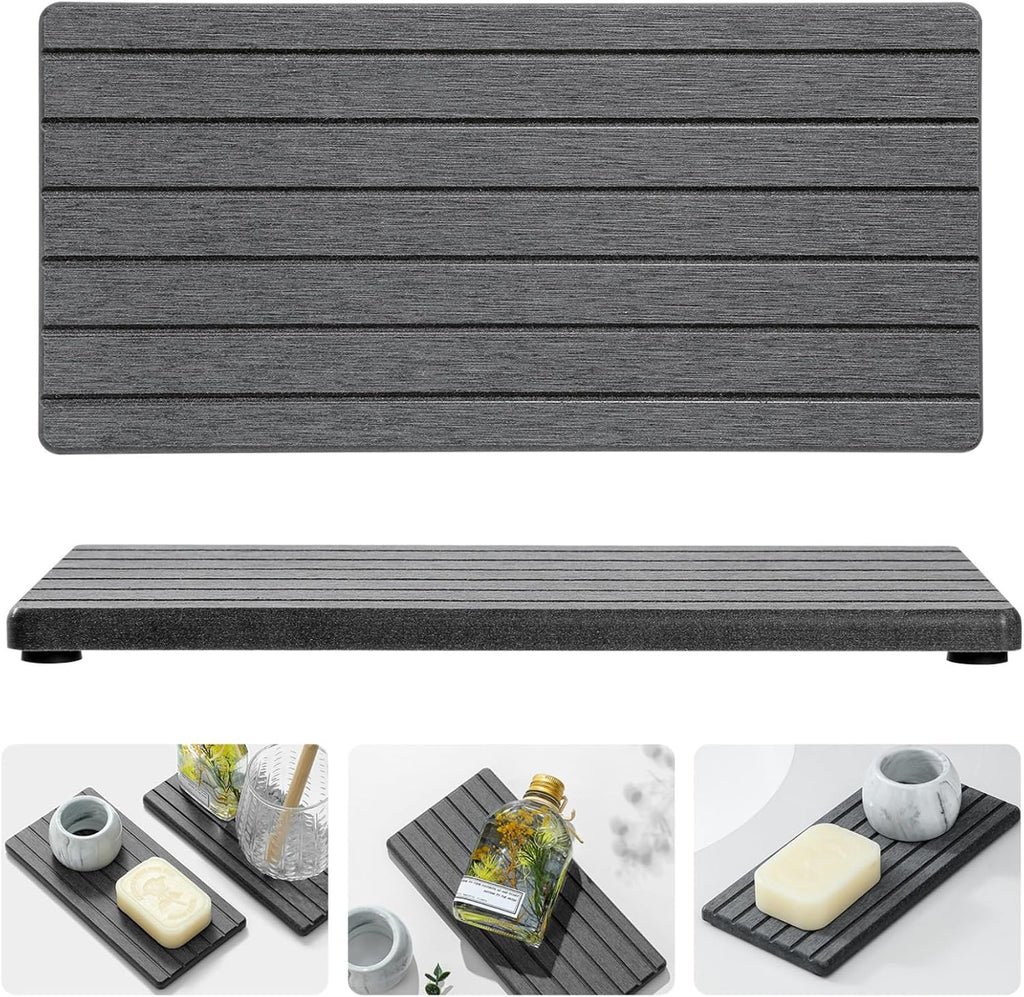 Razborci 2PCS Diatomite Water Absorbing Stone Drying Tray Mat for Bathroom & Kitchen Counter, Instant Dry Drink Bar Coaster, Vanity Sink Caddy Organizer, Dish Soap Sponge Holder, Dark Gray, 8"x3.8"