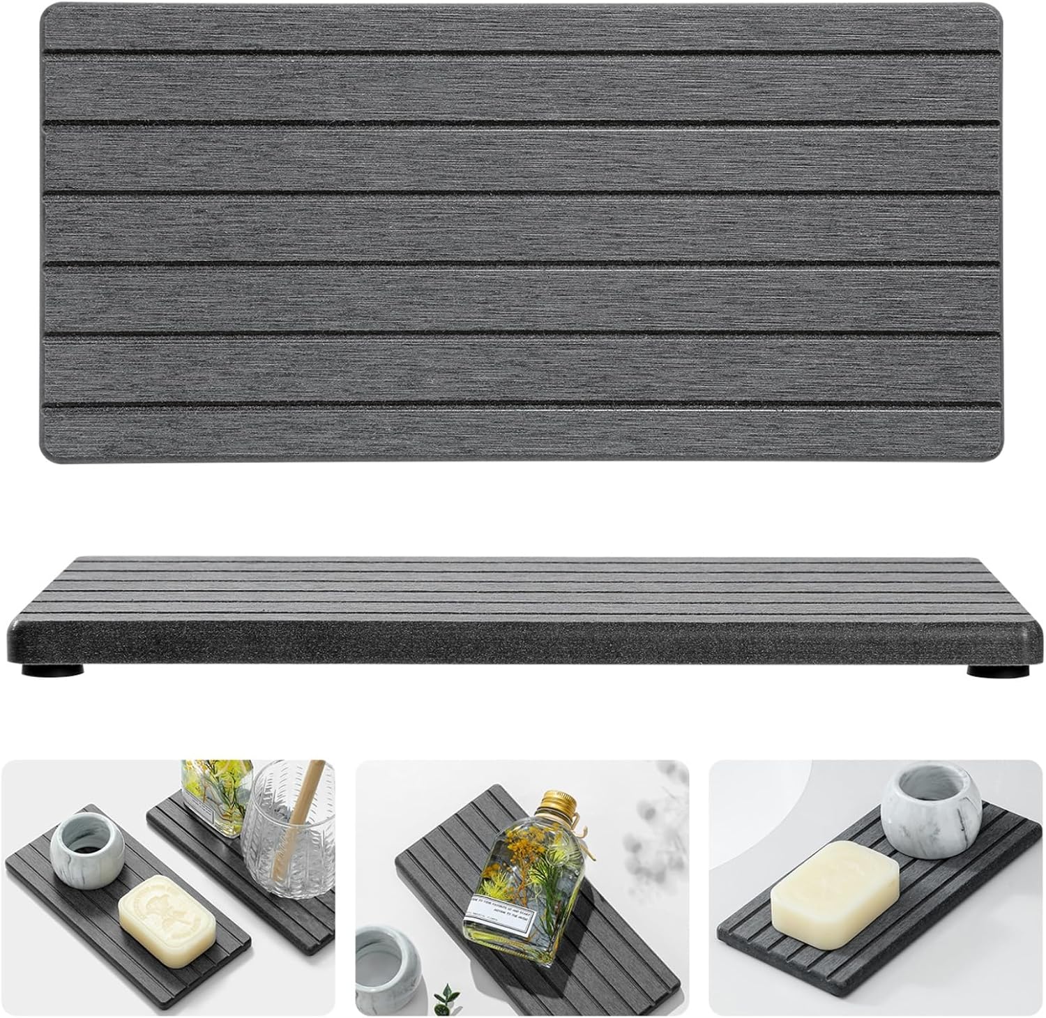 Razborci 2PCS Diatomite Water Absorbing Stone Drying Tray Mat for Bathroom & Kitchen Counter, Instant Dry Drink Bar Coaster, Vanity Sink Caddy Organizer, Dish Soap Sponge Holder, Dark Gray, 8"x3.8"