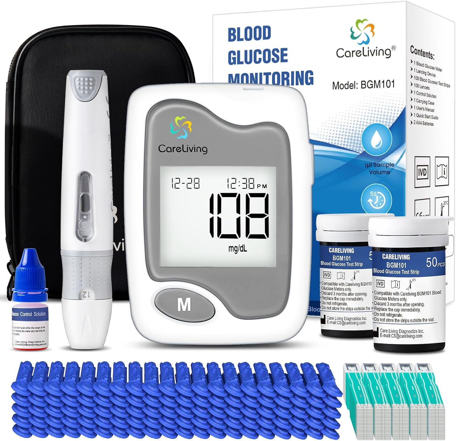 CareLiving BGM101 Blood Glucose Monitor Kit, 100 Test Strips, 100 Lancets, 1 Blood Glucose Meter, 1 Lancing Device, Diabetes Testing Kit, Portable Blood Sugar Test Kit, Glucometer Kit for Home