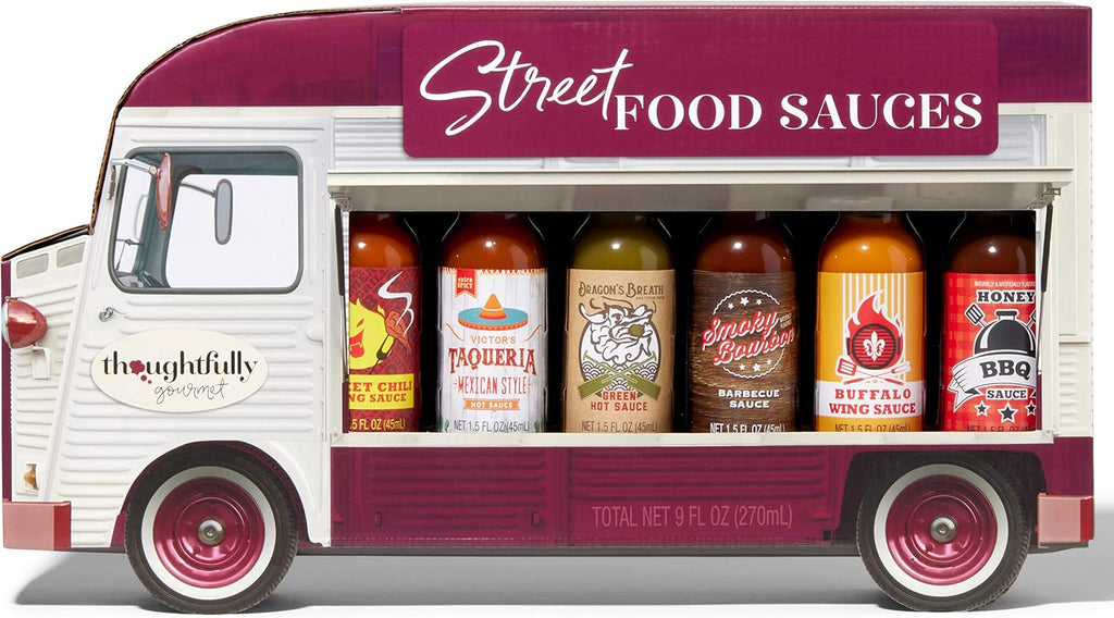 Thoughtfully Gourmet, Street Food Sauces Hot Sauce and BBQ Gift Set, Flavors: Diablo Wings Sauce, Louisiana and More, Vegan and Vegetarian, Set of 6