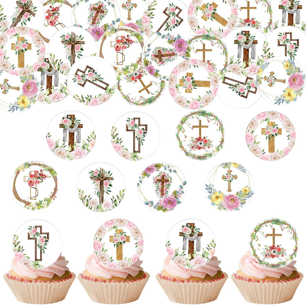36PCS Edible Christian Floral Cross Cupcake Toppers Greenery Chapel of the Holy Cross Cupcake Toppers Religious Cake Decor for Christian Jesus Theme Baby Shower Baptism Cake Decor Supplies
