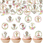 36PCS Edible Christian Floral Cross Cupcake Toppers Greenery Chapel of the Holy Cross Cupcake Toppers Religious Cake Decor for Christian Jesus Theme Baby Shower Baptism Cake Decor Supplies