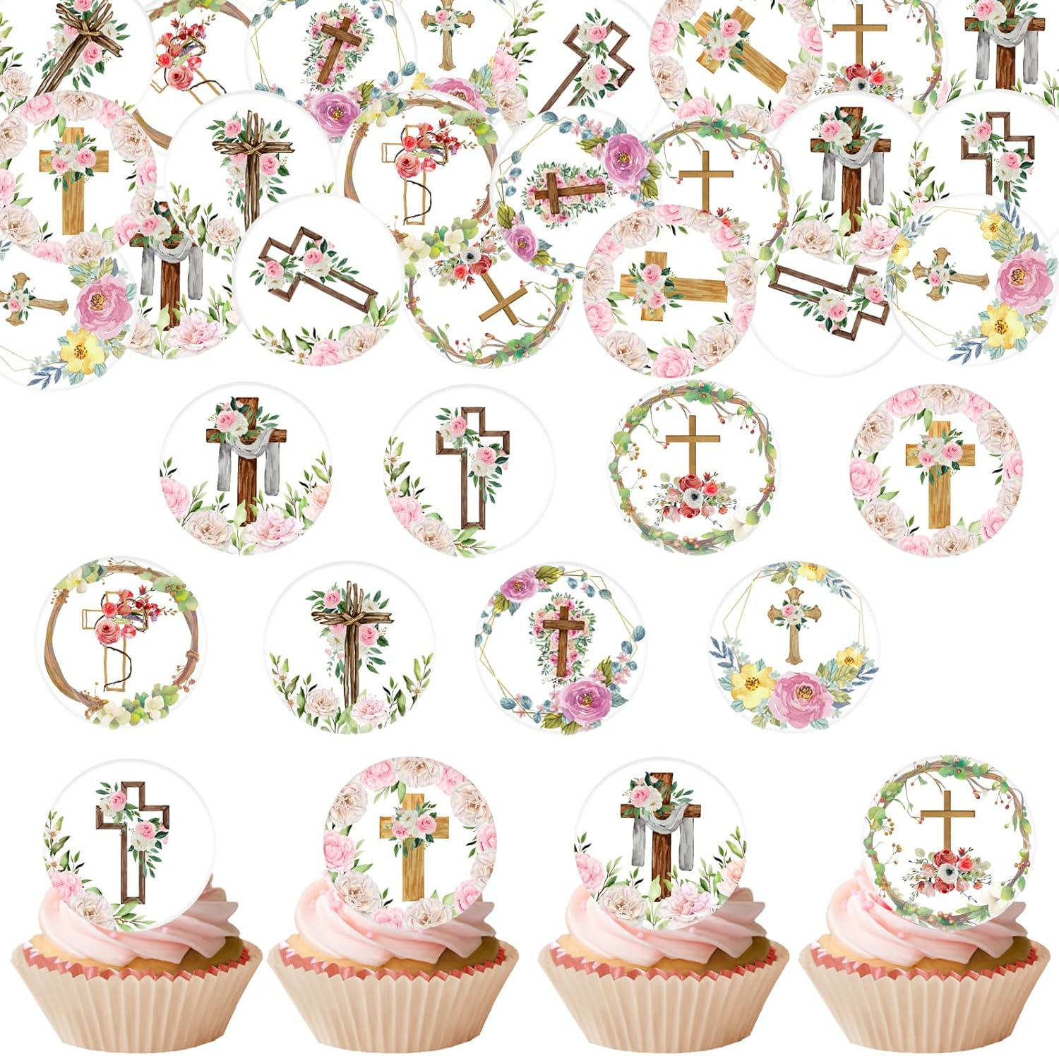 36PCS Edible Christian Floral Cross Cupcake Toppers Greenery Chapel of the Holy Cross Cupcake Toppers Religious Cake Decor for Christian Jesus Theme Baby Shower Baptism Cake Decor Supplies