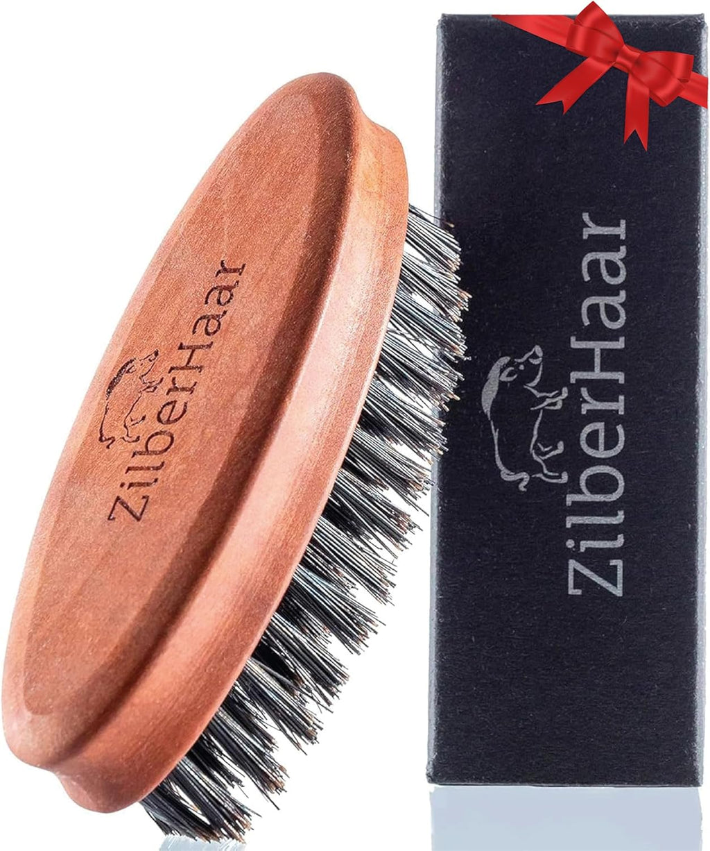 ZilberHaar Pocket Mustache and Beard Brush - Stiff Boar Bristles Small Brush - Perfect Beard Grooming Tool - Relieves beard itch - Short and Medium - Made in Europe