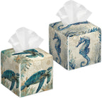 Beach Ocean Sea Turtle 2 Pcs Tissue Box Cover Square Leather Tissue Case Holder Facial Paper Organizer Decorative for Bathroom Kitchen Car Office Home Decor
