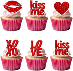 50 PCS Edible Valentine's Day Cupcake Toppers with Lips Wafer Paper Red XOXO Love Kiss Me Be Mine Cupcake Picks Edible Valentine's Day Party Decorations for Love Hearts Theme Party Supplies