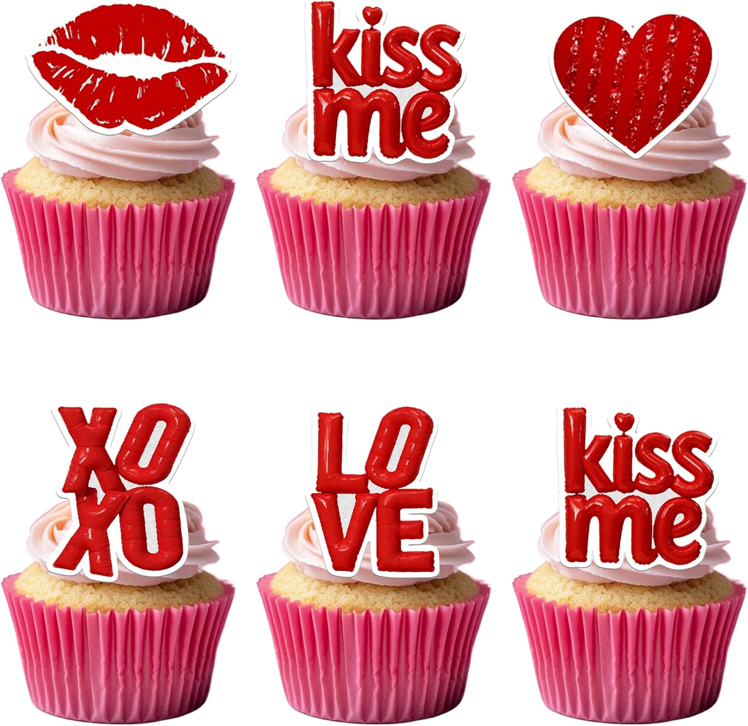 50 PCS Edible Valentine's Day Cupcake Toppers with Lips Wafer Paper Red XOXO Love Kiss Me Be Mine Cupcake Picks Edible Valentine's Day Party Decorations for Love Hearts Theme Party Supplies