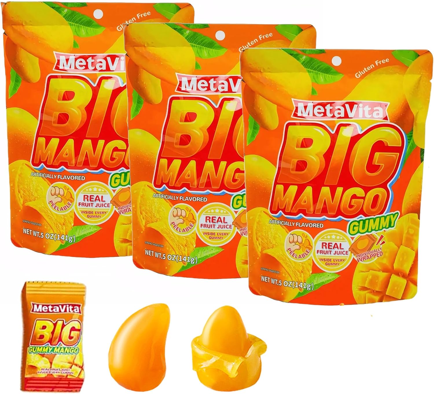 (3 Packs 1LB) MetaVita - Big Peelable Mango Gummy Candy –Individually Wrapped with Real Puree – Chewy Mango Peeling Candy, Gluten-Free