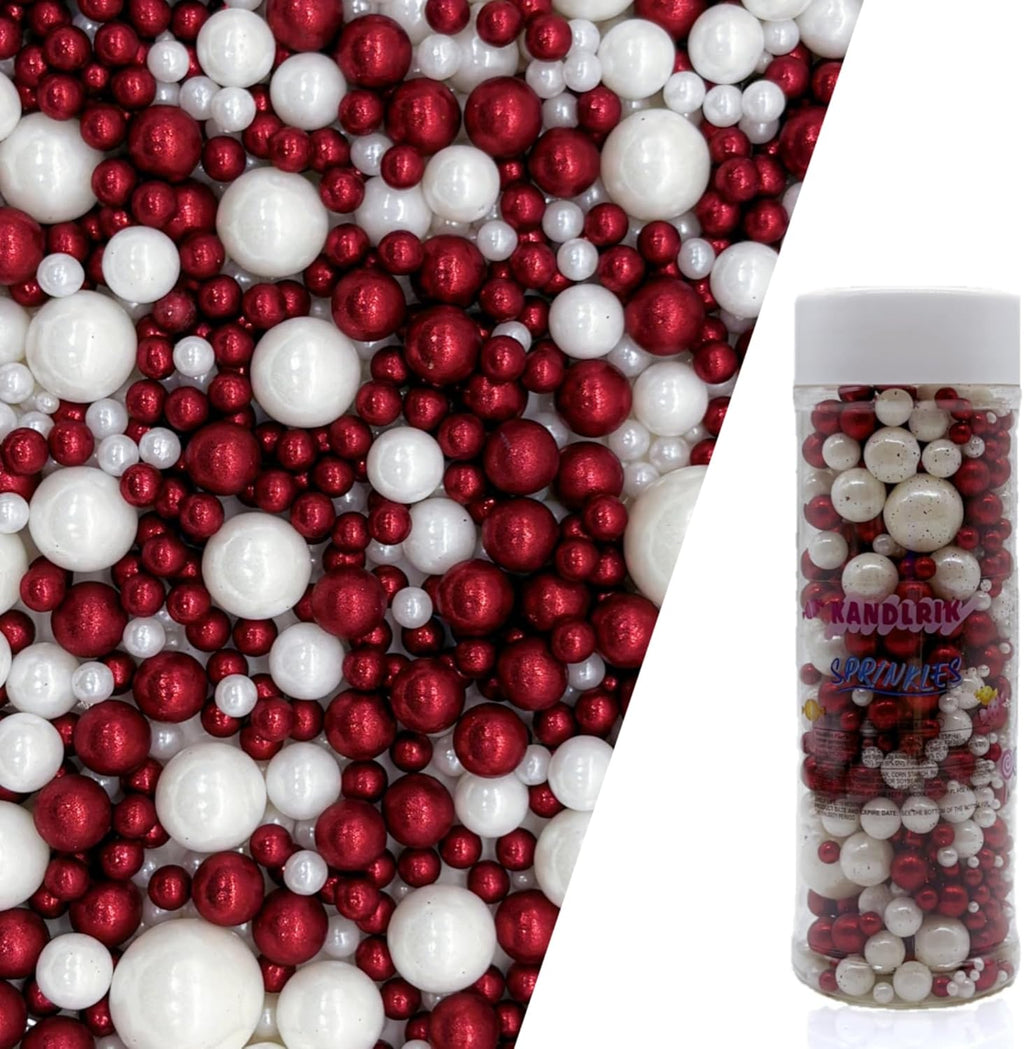 Edible Red & White Sugar Pearls Sprinkles Candy Mix Size Pearls Cake Decorations Cupcake Toppers Decorating Perfect for Wedding Party Valentine Christmas Supplies 4.58OZ