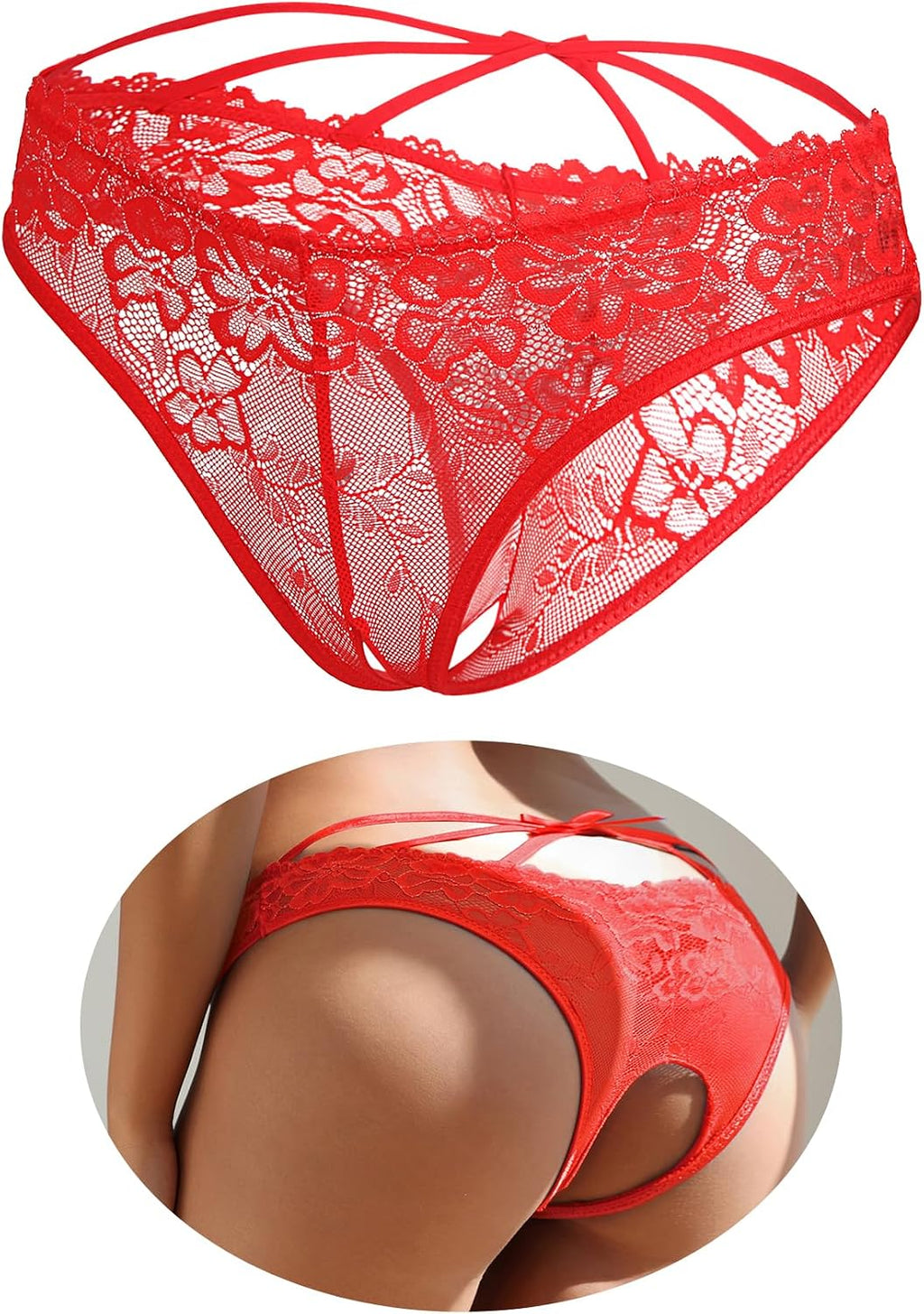 Women's Lace Panties Criss Cross Back Briefs with Cute Bow Sexy Underwear Cut Out String Hipster Boyshorts S-2XL