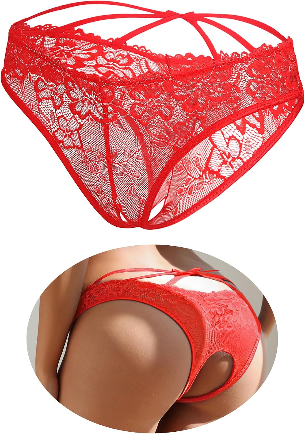 Women's Lace Panties Criss Cross Back Briefs with Cute Bow Sexy Underwear Cut Out String Hipster Boyshorts S-2XL