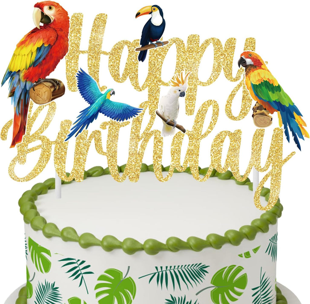 CANDY CHEF Tropical Bird Birthday Cake Topper - Parrot Happy Birthday Cake Pick - Party Decoration for Birds Themed Baby Shower Supplies