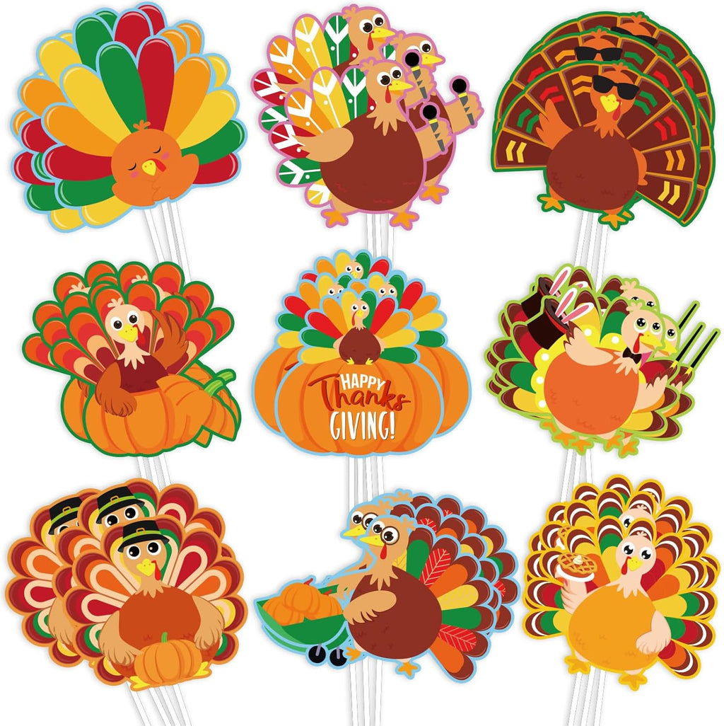 Whaline 72 Pcs Fall Thanksgiving Cupcake Topper 9 Designs Cartoon Turkey Cupcake Picks Turkey Food Picks with Glue Point Appetizers Toothpicks for Autumn Party Supplies Food Decoration
