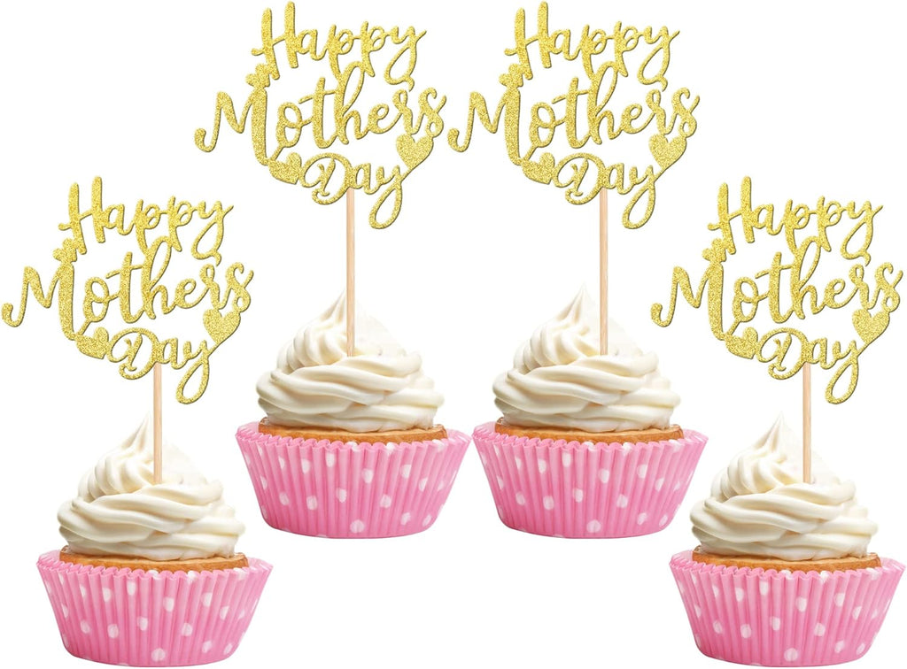 24 PCS Happy Mother's Day Cupcake Toppers with Glitter Heart Love Mother Best Mom Cupcake Picks for Happy Mother's Day Theme Women Birthday Party Cake Decorations Supplies Gold