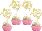 24 PCS Happy Mother's Day Cupcake Toppers with Glitter Heart Love Mother Best Mom Cupcake Picks for Happy Mother's Day Theme Women Birthday Party Cake Decorations Supplies Gold