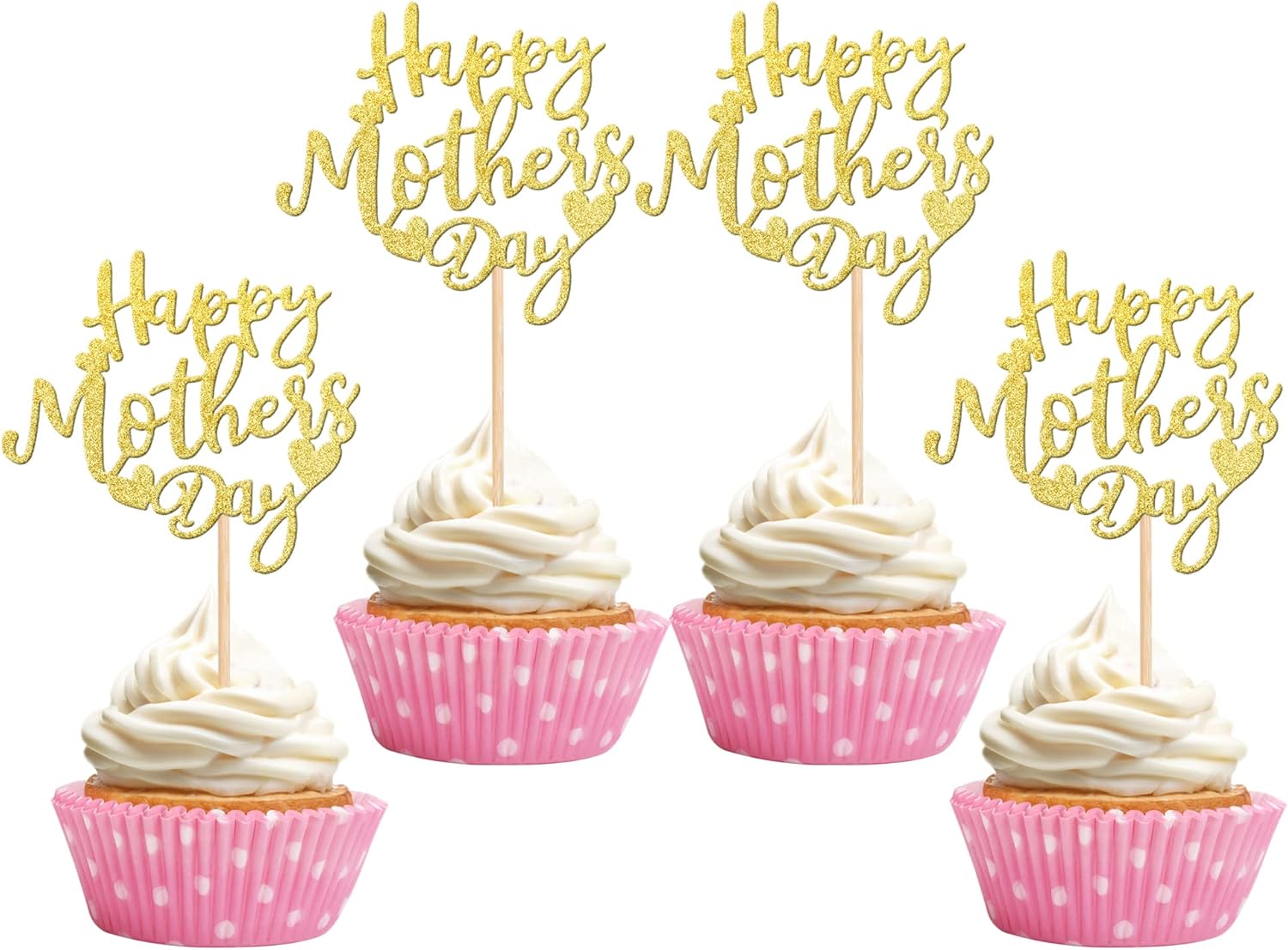 24 PCS Happy Mother's Day Cupcake Toppers with Glitter Heart Love Mother Best Mom Cupcake Picks for Happy Mother's Day Theme Women Birthday Party Cake Decorations Supplies Gold