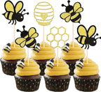 24 Pcs Bumble Bee Cupcake Toppers, Glitter Heart Honeycomb Bee Cupcake Decorations for Bee Theme Party Baby Shower Bee Cake Decoration