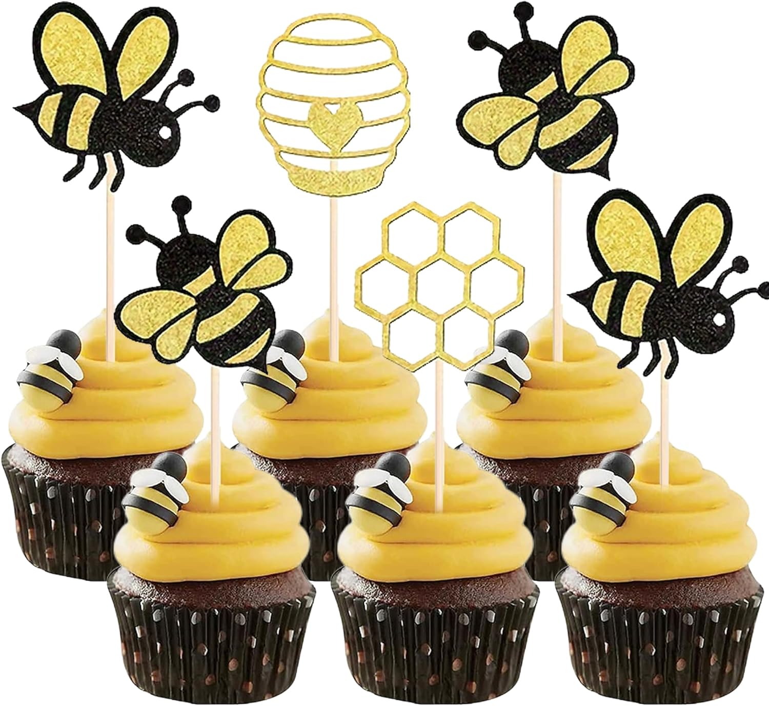 24 Pcs Bumble Bee Cupcake Toppers, Glitter Heart Honeycomb Bee Cupcake Decorations for Bee Theme Party Baby Shower Bee Cake Decoration