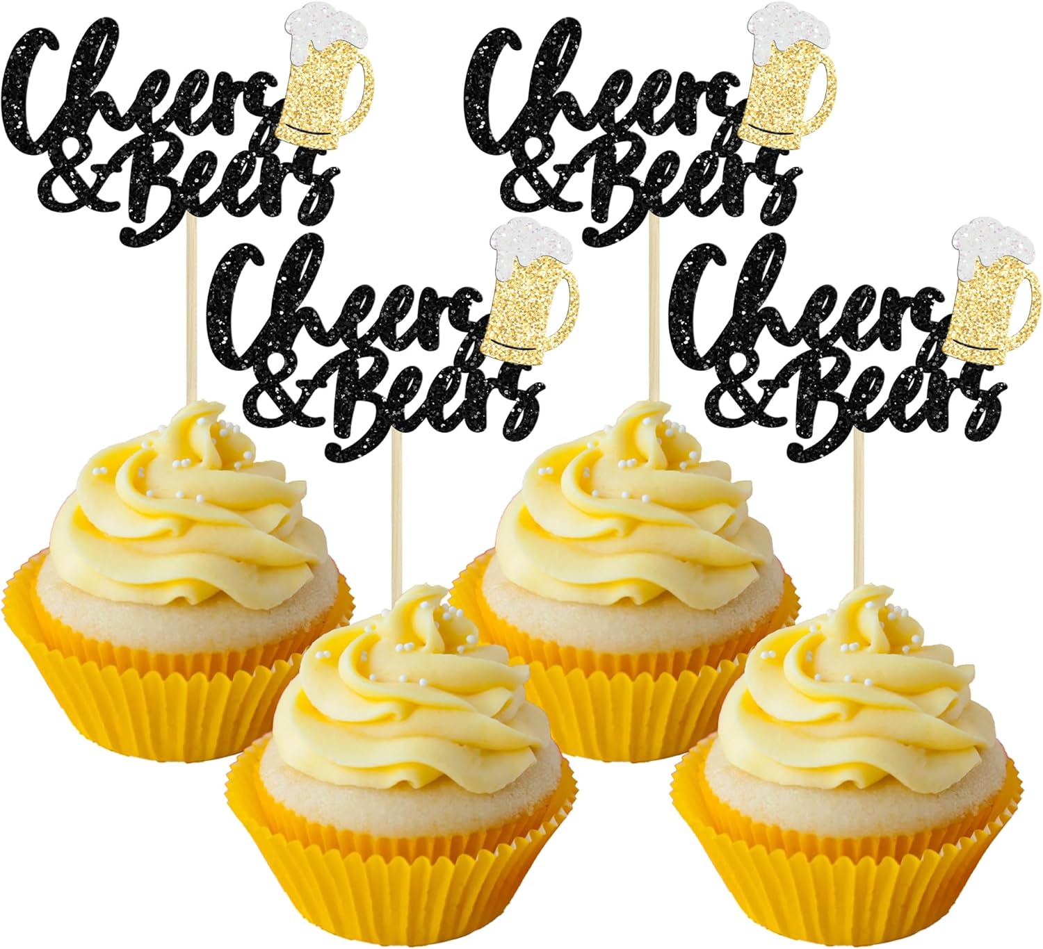 24 Pack Cheers and Beers Cupcake Toppers Glitter Beer Mug Cake Pick Decorations for Baby Shower Birthday Beers Festival Themed Party Supplies
