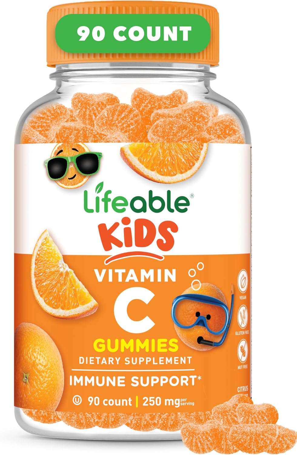 Lifeable Kids Vitamin C Gummies | 250mg | Great Tasting VIT C | Vegan GMO-Free Vitamin C Chewable | for Immune Support | 90 Gummies