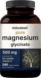 Naturebell Pure Magnesium Glycinate 500mg, 240 Veggie Capsules | 100% Chelated & Purified – 3rd Party Tested, Vegan Friendly, Non-GMO, Fiiler Free