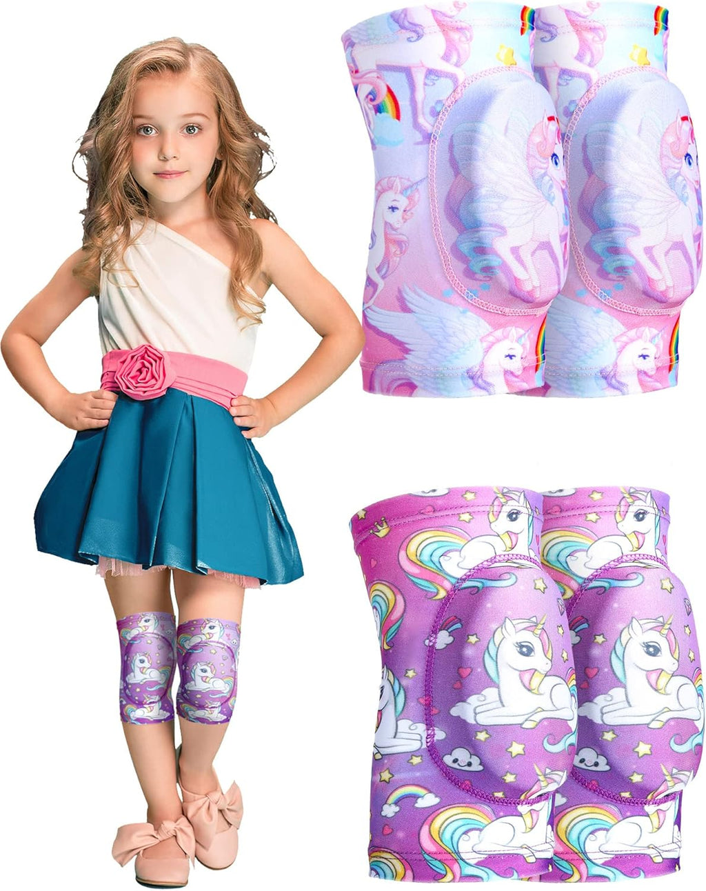 2 Pair Kids Knee Pad Unicorn Anti Slip Padded Sponge Knee Brace Breathable Flexible Toddler Knee Pads Elastic Children Knee Support for Girl Boy Sport Volleyball Dance Skating Basketball, 3-7 Years