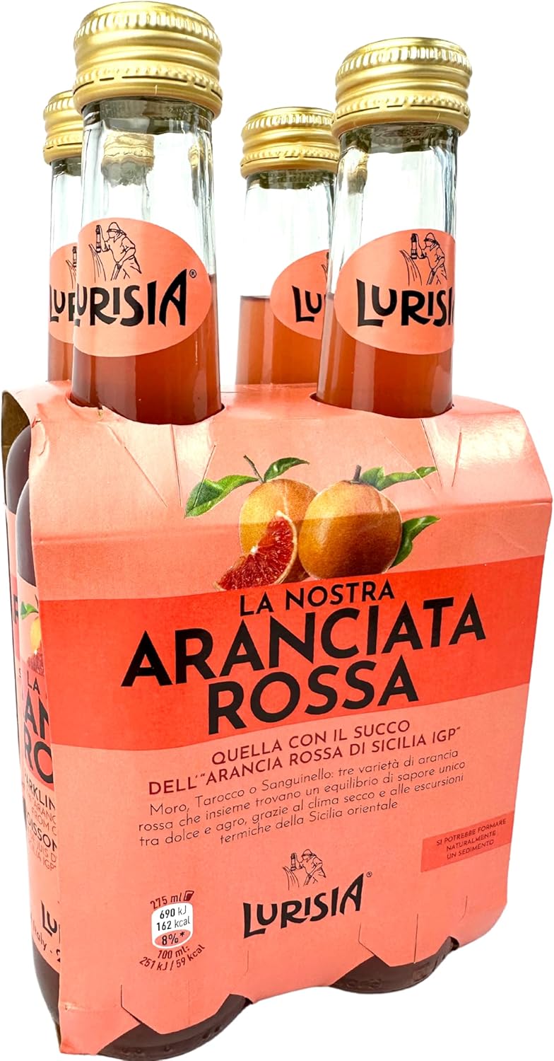 Lurisia Aranciata Rossa Blood Orange Soda 4 x 9.3 Fl Oz (275ml) Italian Soda - Sicilian Blood Orange - Citrus Orange Soft Drink - Red Orangeade - Carbonated Sparkling Fruit Juice Beverage from Italy