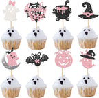 Rsstarxi 24 Pack Halloween Spooky One Cupcake Toppers Glitter Pumpkin Bat Spider Ghost Pink Girl First Birthday Cupcake Picks Decoration for Halloween Baby Shower 1st Birthday Party Cake Decorations
