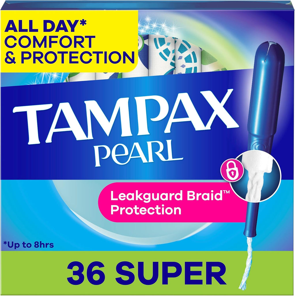 Tampax Pearl Tampons for Women, with LeakGuard Braid, Super Absorbency, Unscented, 36 Count