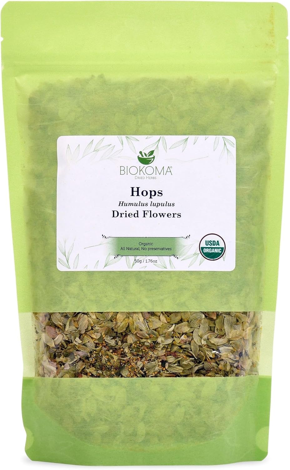 Biokoma Organic Hops Dried Flowers 1.76oz - USDA Organic Herbal Tea - Dried Humulus lupulus Loose Flowers - Resealable Moisture Proof Pouch - No Additives - No Preservatives - Non GMO, Kosher