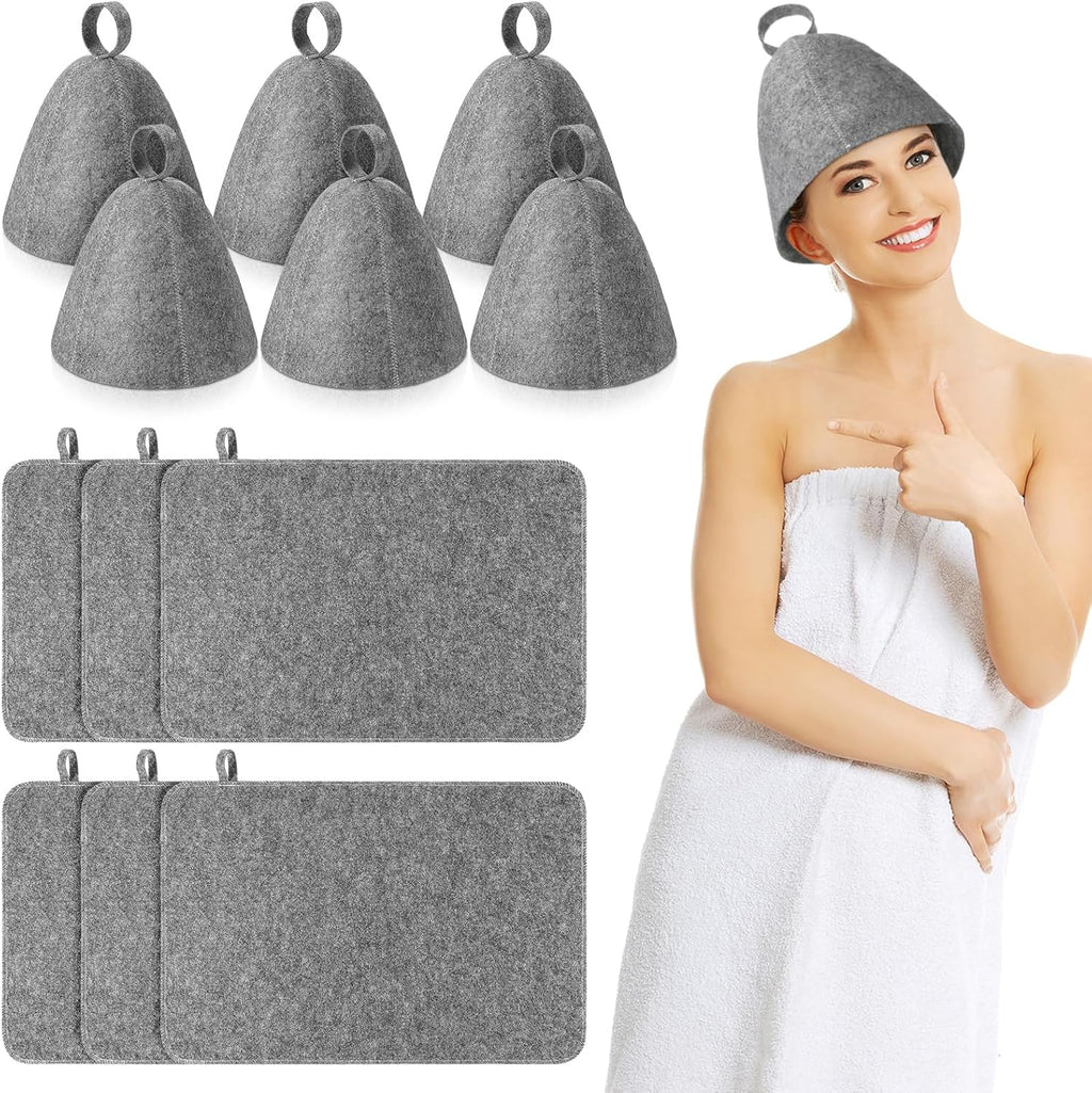 Jiuguva 12 Pcs Sauna Hat Natural Felt Sauna Cap for Men and Women Saunas Accessories Include Felt Hat & Banya Heat Floor Mat Head Insulation Vaporarium for Spa Bench Bath Shower Gift, Gray (19.5'')