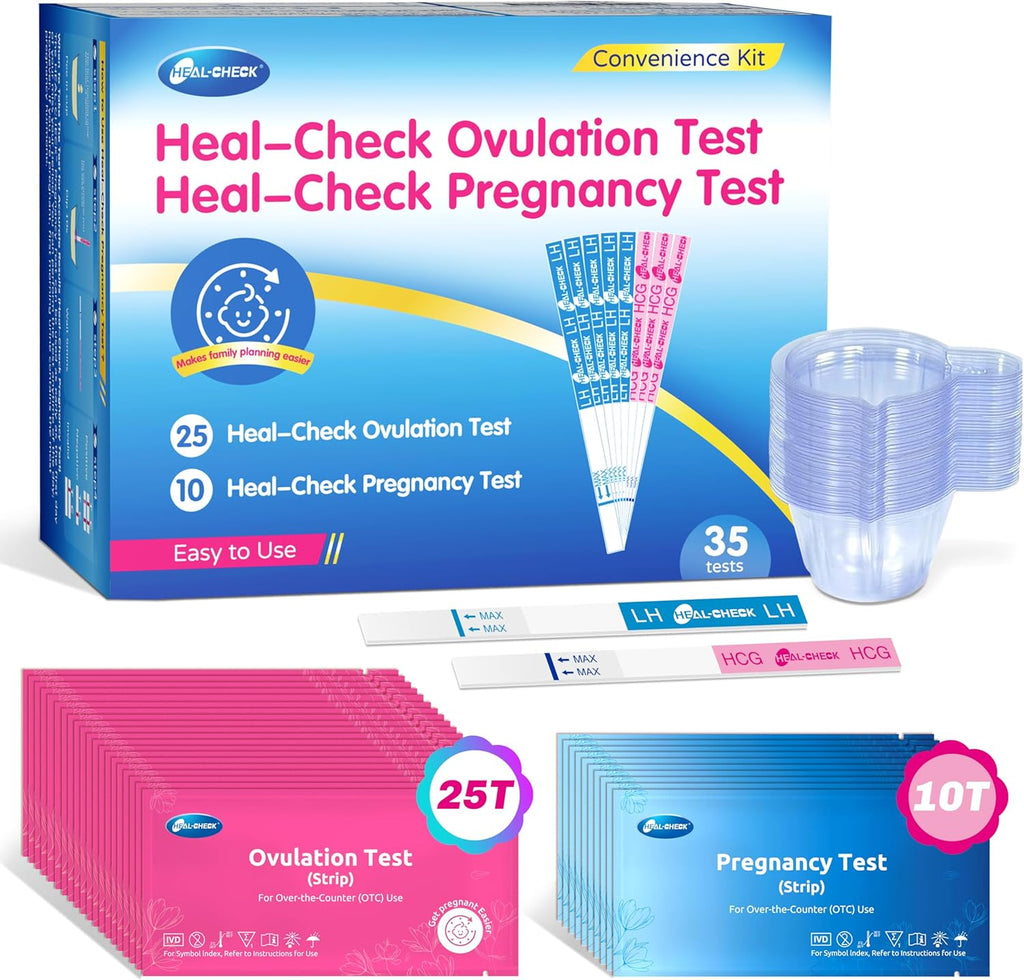HEAL-CHECK 25 Ovulation Test Strips and 10 Pregnancy Tests with 35 Urine Cups, Fertility Test for Women TTC, Get Pregnant Easier, Easy to Use at Home, Over 99% Accuracy, Individually Wrapped