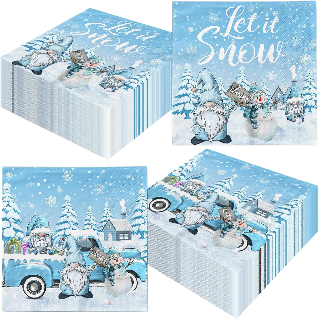 40Pcs Winter Gnome Napkins, Disposable Merry Christmas Dwarf Snowflake Napkins, Let it Snow Snowman Cocktail Napkins for Winter Holiday Christmas Dinner Party Supplies