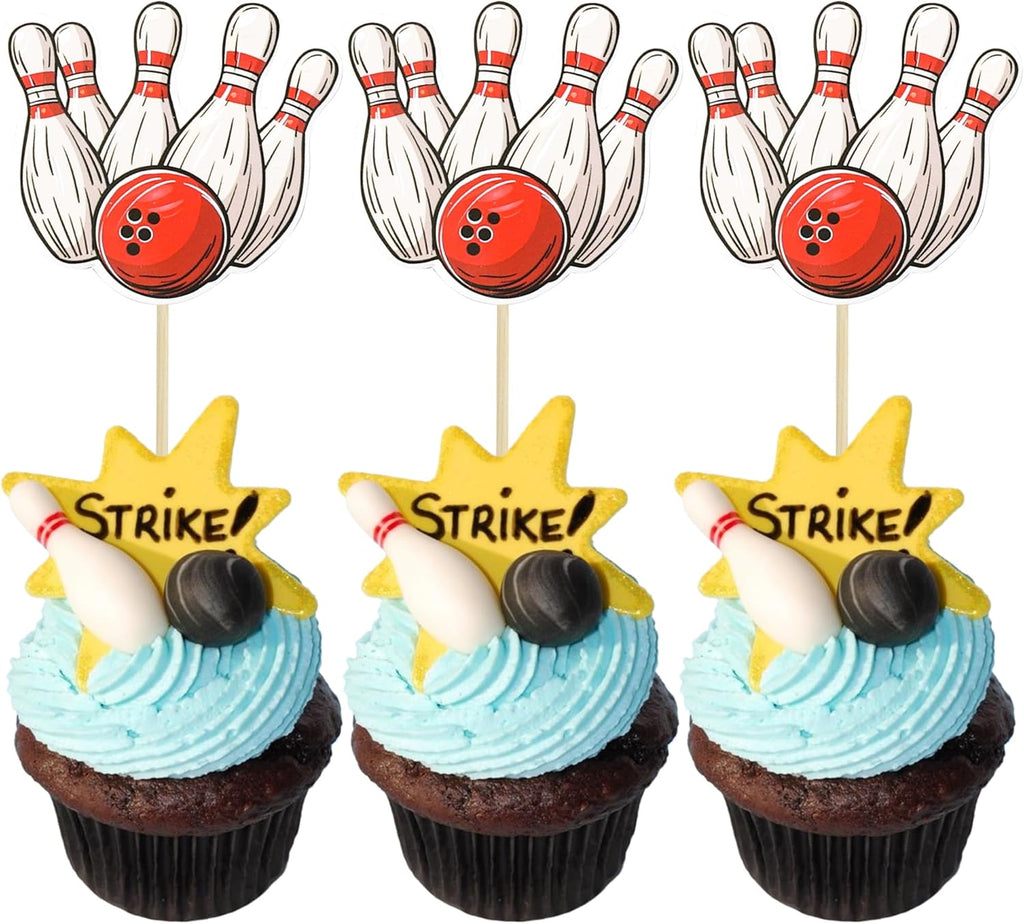 36Pcs Bowling Cupcake Toppers Sports Theme Bowling Cupcake Food Toothpicks Baby Shower Cake Decorations for Sport Balls Theme Bowling Kids Birthday Party Decorations