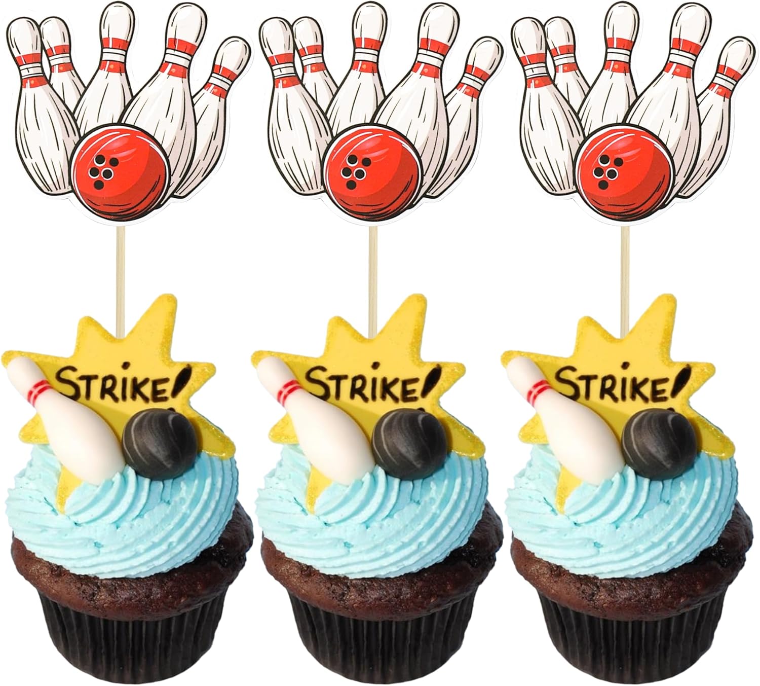 36Pcs Bowling Cupcake Toppers Sports Theme Bowling Cupcake Food Toothpicks Baby Shower Cake Decorations for Sport Balls Theme Bowling Kids Birthday Party Decorations