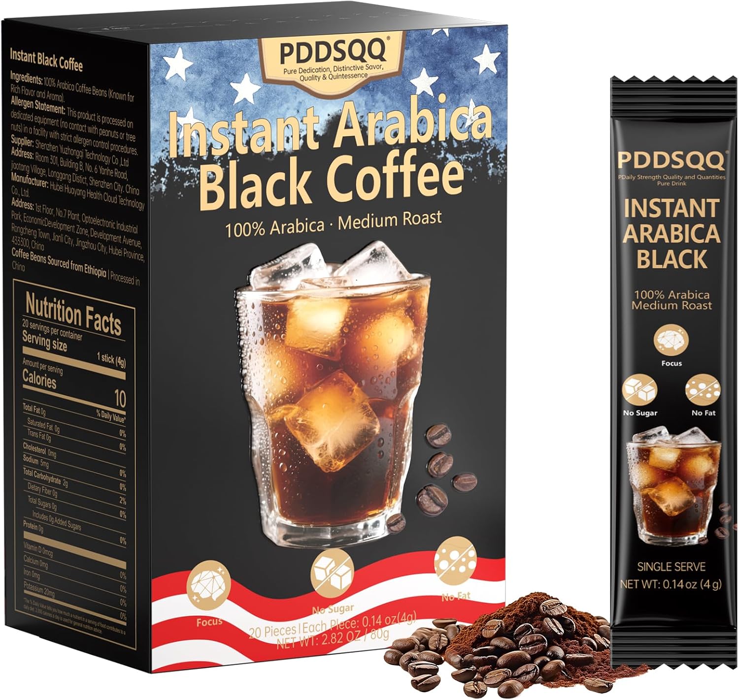 Instant Coffee Packets 20 Count, Medium Roast 100% Arabica Instant Coffee Sticks, Sugar Free Black Coffee Single Serve, Hot or Iced Coffee Powder, Travel Friendly Instant Coffee Packets (2.82oz / 80g)