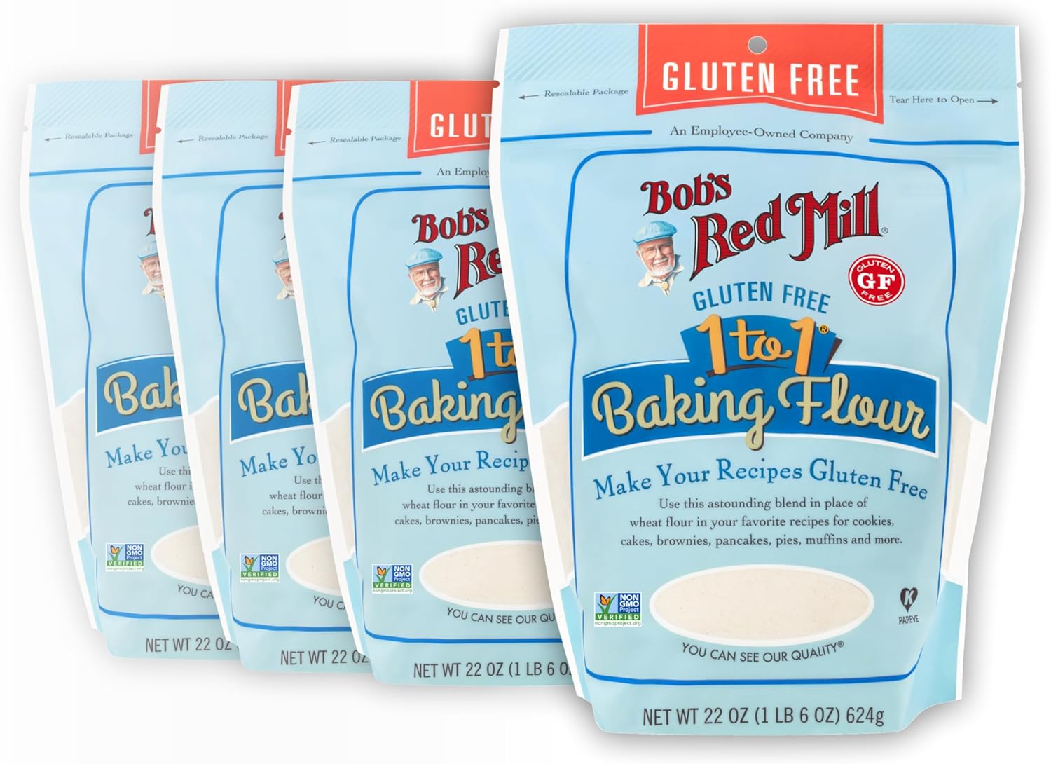 Bob's Red Mill Gluten Free 1 to 1 Baking Flour, 22oz (Pack of 4) - Non GMO, Vegan, Kosher