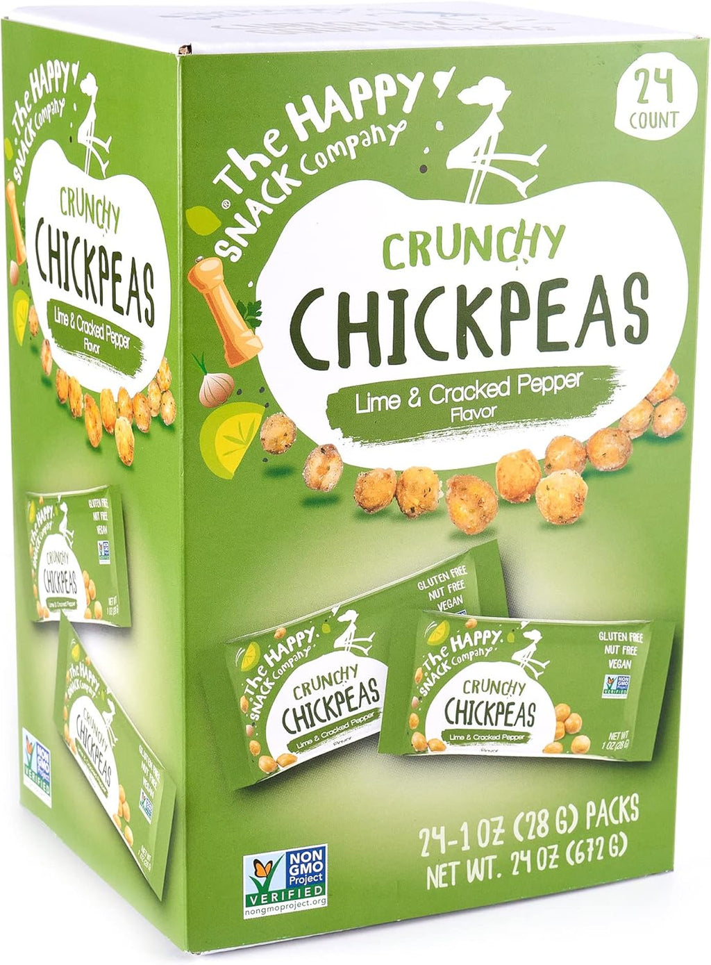The Happy Snack Company Roasted Chickpeas - Lime and Cracked Pepper, 24 x 1 oz packs, crunchy chickpea snacks, garbanzo snack, vegan chickpea snack, gluten free, dairy free, plant based protein & fiber