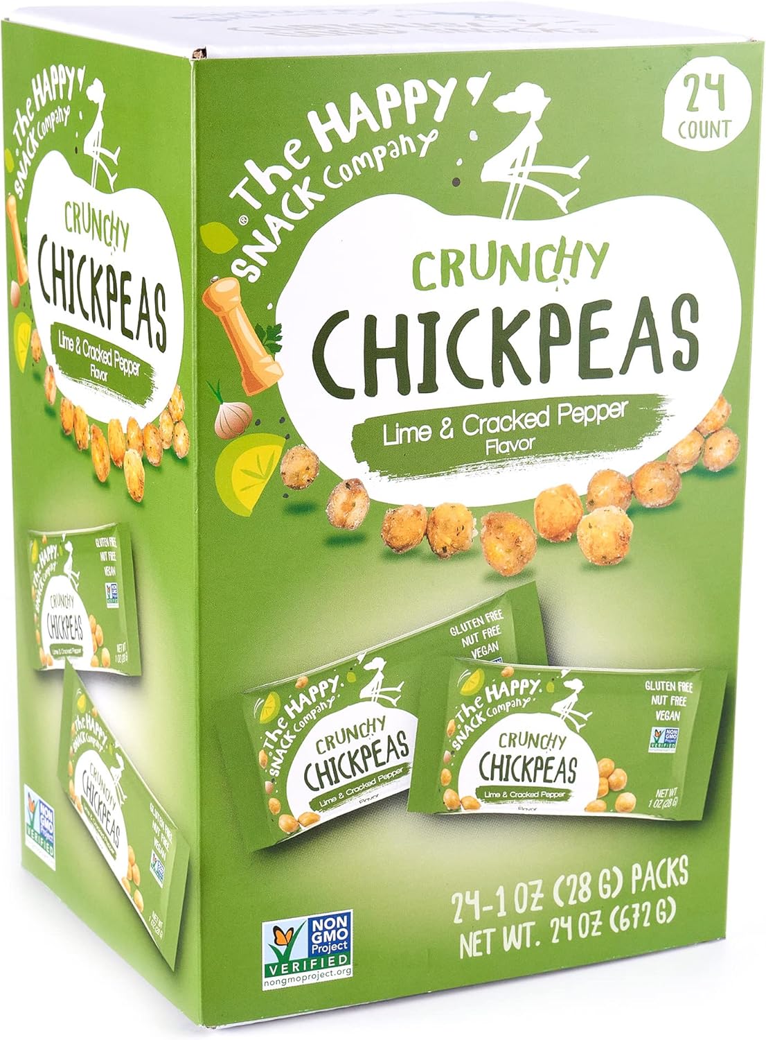 The Happy Snack Company Roasted Chickpeas - Lime and Cracked Pepper, 24 x 1 oz packs, crunchy chickpea snacks, garbanzo snack, vegan chickpea snack, gluten free, dairy free, plant based protein & fiber