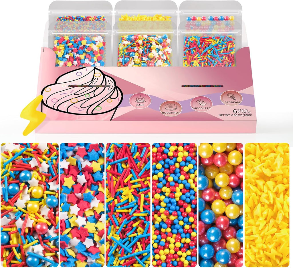 HUEBEATY® 6-in-1 Cartoon Party Sprinkles for Cake Decorating – 180g Red Blue Yellow Cake Sprinkles with Flash Lightning Bolt Confetti, Jimmies, Nonpareils, Stars & Pearls – Edible Cakes, Cupcakes, Cookies & Ice Cream Topper Decorations (Primary)