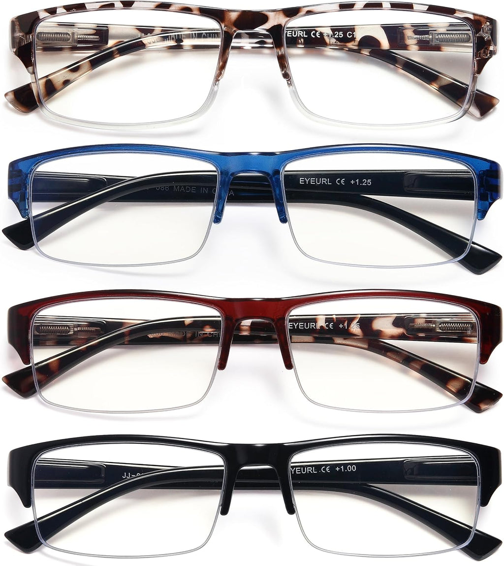 EYEURL 4-Pack Half Frame Blue Light Reading Glasses for Men Rectangle Semi Rimless Readers for Women Spring Hinge Eyeglasses
