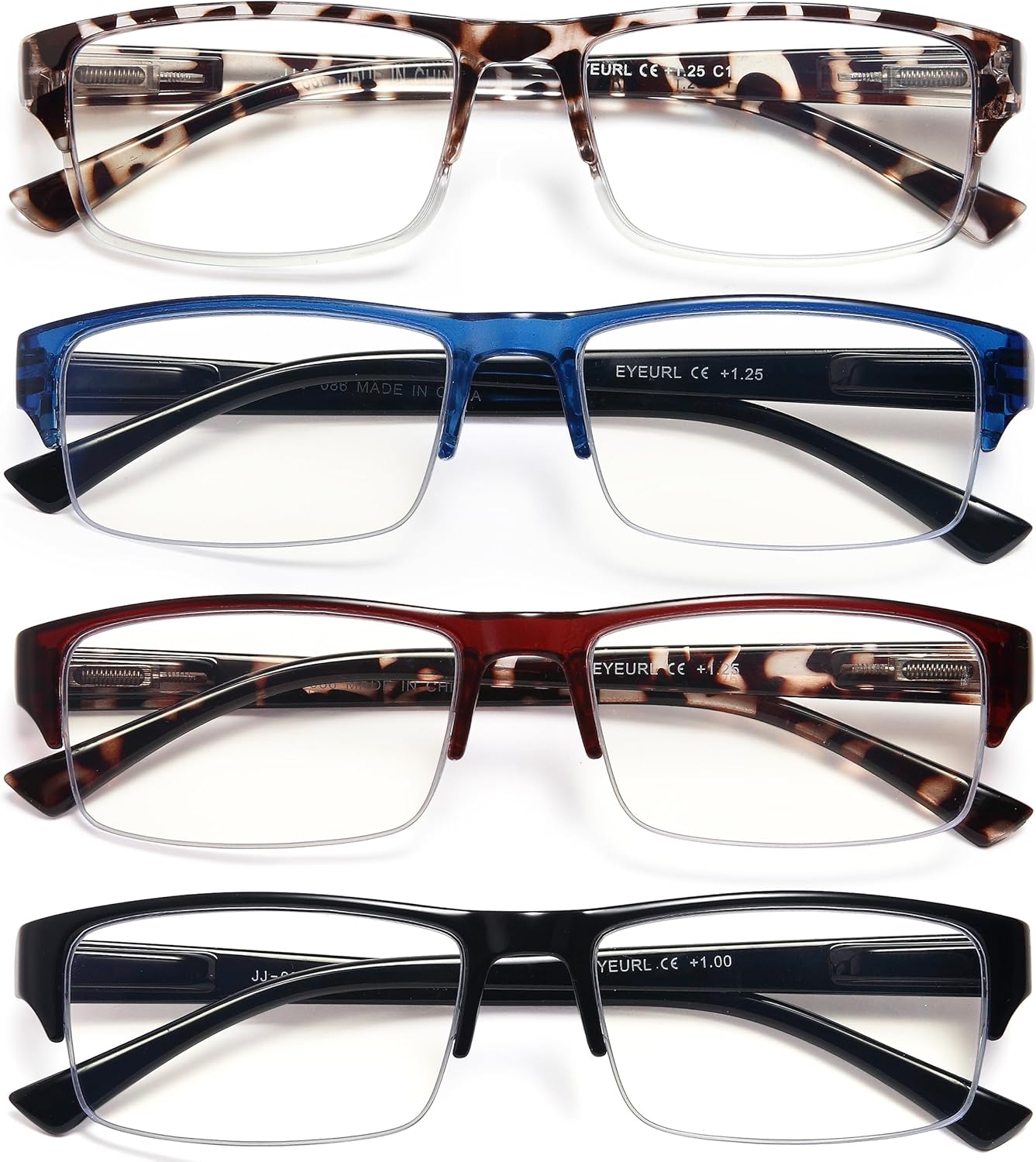 EYEURL 4-Pack Half Frame Blue Light Reading Glasses for Men Rectangle Semi Rimless Readers for Women Spring Hinge Eyeglasses
