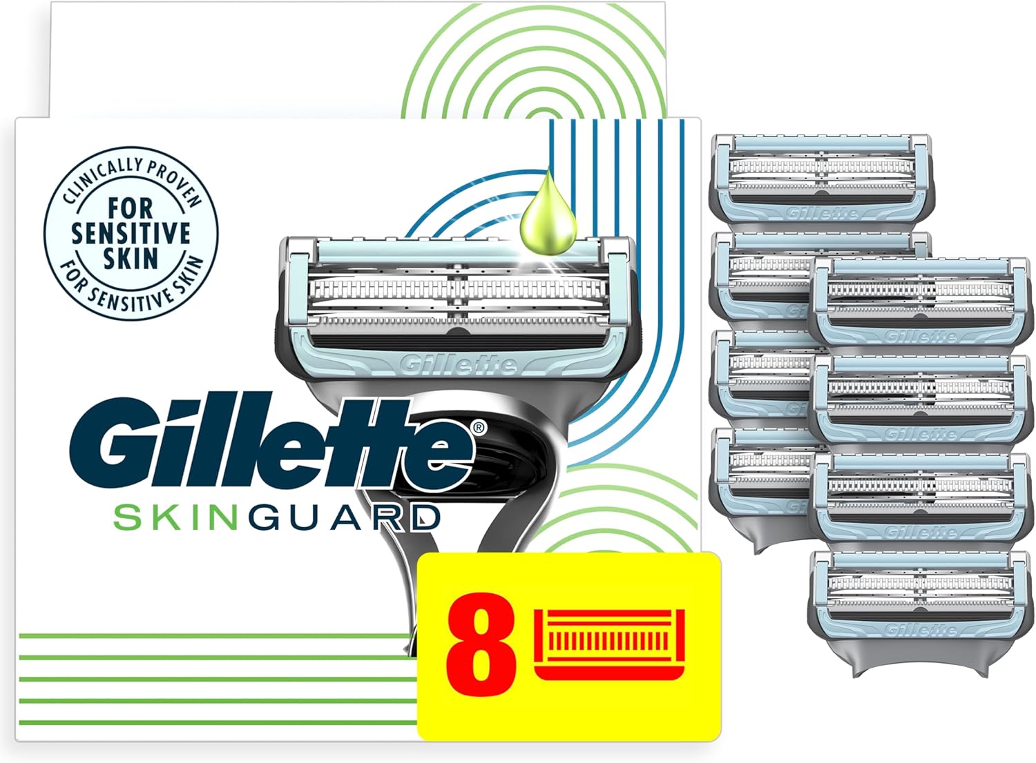 Gillette SkinGuard Razor Blade Refills for Men, 2 Blade Cartridge, SkinGuard for Sensitive Skin, Lubrication, Fits SkinGuard Razor Handles, 8 Count