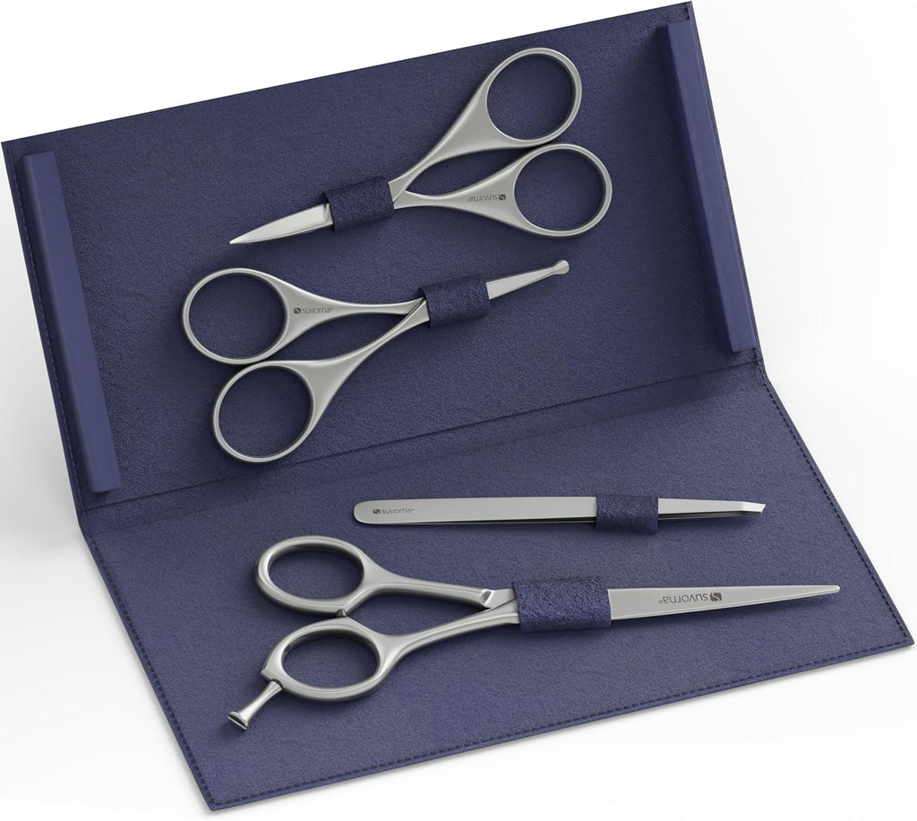 Suvorna Premium Beard & Mustache Set with Beard scissors for men - Facial Hair/Nose/Eyebrow Scissors - Slant Tweezers (4 Pcs Dark Blue)