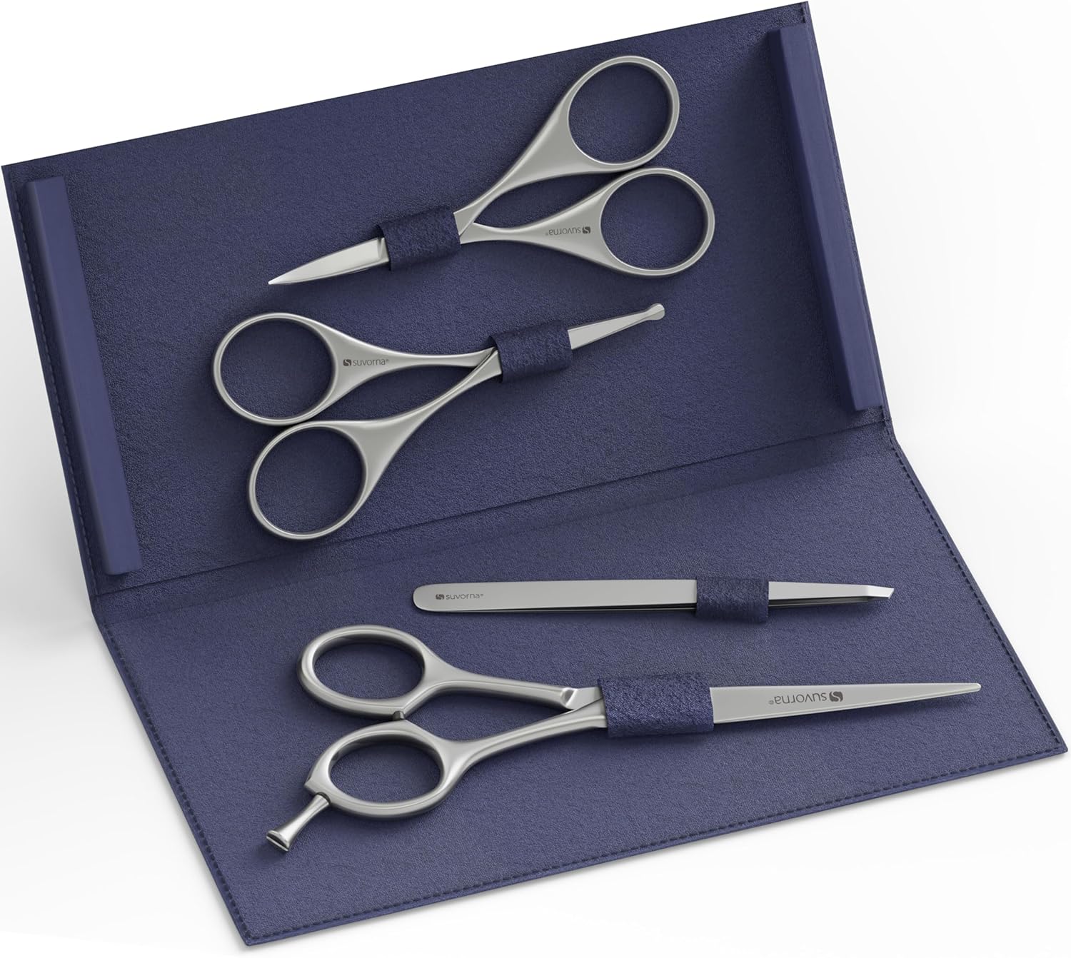 Suvorna Premium Beard & Mustache Set with Beard scissors for men - Facial Hair/Nose/Eyebrow Scissors - Slant Tweezers (4 Pcs Dark Blue)