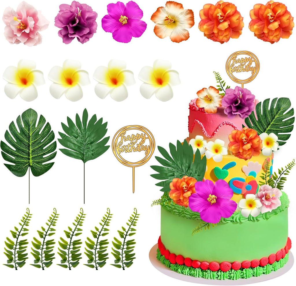18pcs Hawaiian Flowers Cake Decorations Tropical Themed Cake Toppers Summer Flower Cupcake Topper with Palm Leaves Hibiscus Luau Cupcake Topper Aloha Beach Decor for Birthday Party Supplies