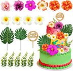 18pcs Hawaiian Flowers Cake Decorations Tropical Themed Cake Toppers Summer Flower Cupcake Topper with Palm Leaves Hibiscus Luau Cupcake Topper Aloha Beach Decor for Birthday Party Supplies