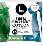 L. Tampons, Made with Organic Cotton, Regular/Super Absorbency, Multipack, Made Without Synthetic Pesticides, Rayon or Fragrances, Applicator Made Without BPA, Leak-Stopping Design, 18 Count